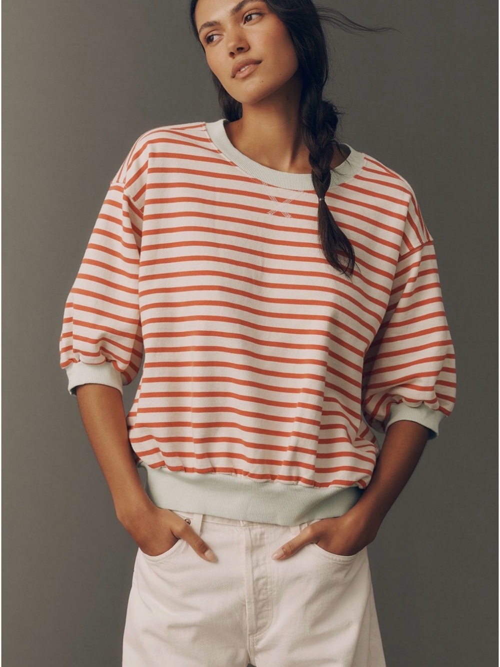 The Niki Bubble Sweatshirt by Pilcro Coral and White Striped NEW